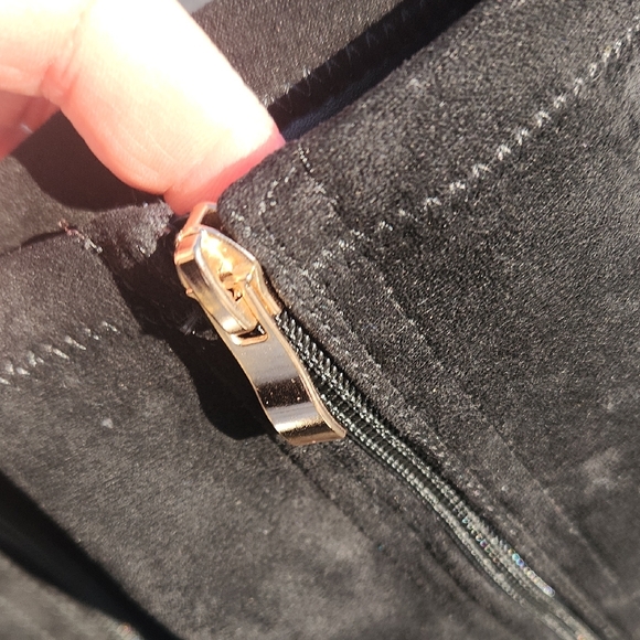 Black Suede Mid-Calf Heeled Boots with Gold Cap Toe and Stud Trim - Picture 14 of 16